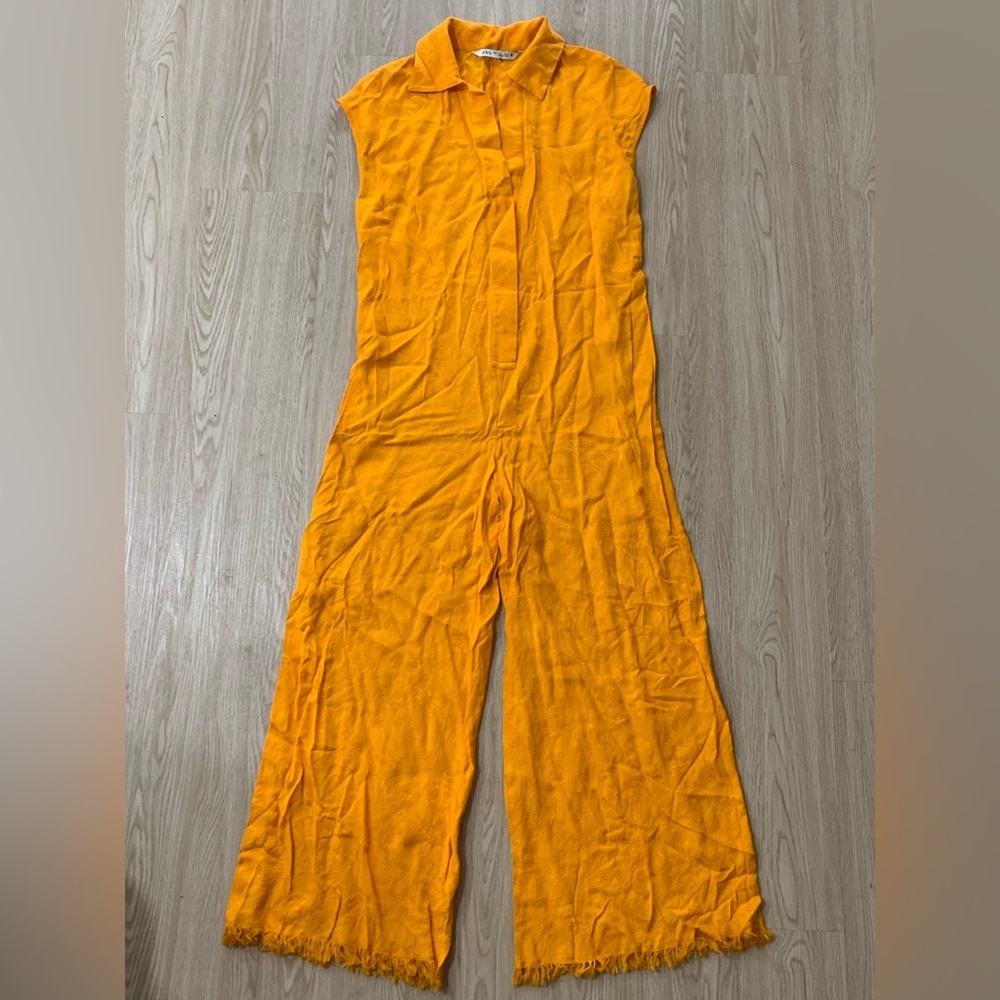 Zara modal golden textured jumpsuit raw hem - Picture 6 of 6